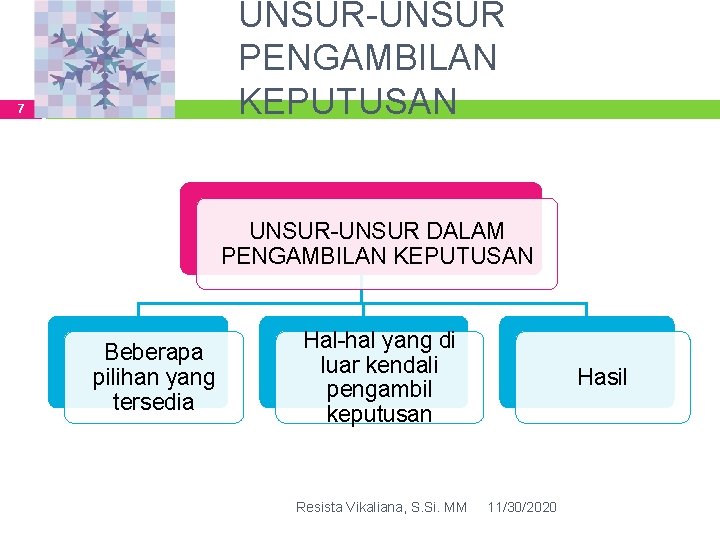 UNSUR-UNSUR PENGAMBILAN KEPUTUSAN 7 UNSUR-UNSUR DALAM PENGAMBILAN KEPUTUSAN Beberapa pilihan yang tersedia Hal-hal yang