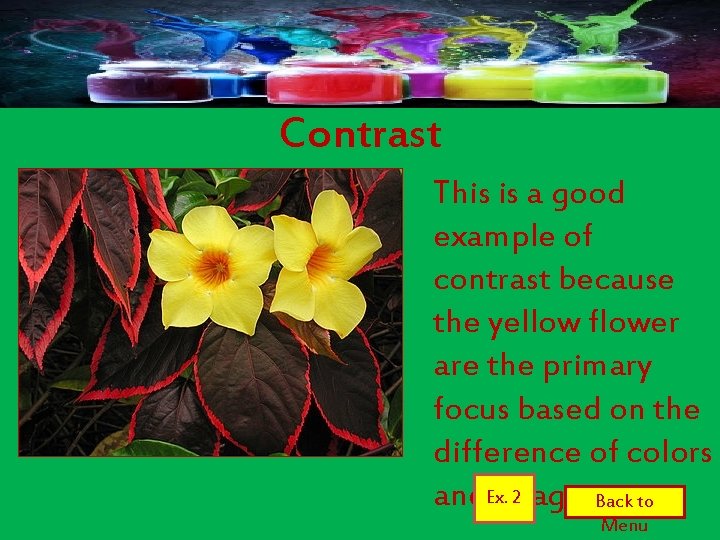 Contrast This is a good example of contrast because the yellow flower are the