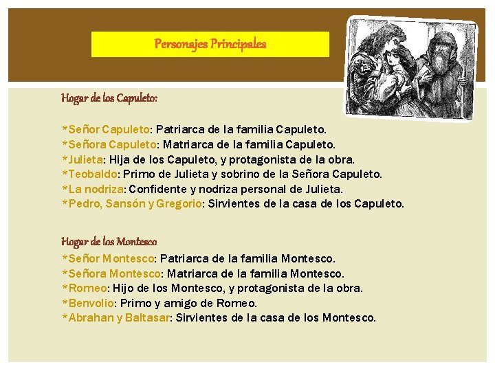 Personajes Principales Hogar de los Capuleto: *Señor Capuleto: Patriarca de la familia Capuleto. *Señora