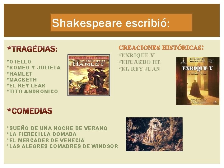 Shakespeare escribió: CREACIONES HISTÓRICAS: *OTELLO *ROMEO Y JULIETA *HAMLET *MACBETH *EL REY LEAR *TITO