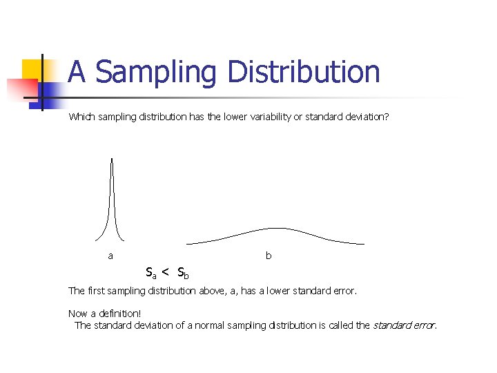 A Sampling Distribution Which sampling distribution has the lower variability or standard deviation? a