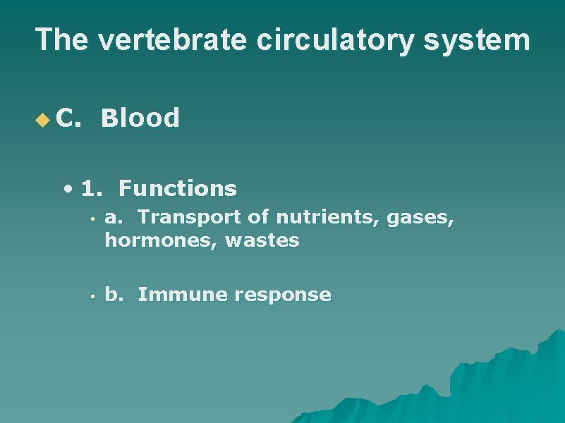 The vertebrate circulatory system u C. Blood • 1. Functions • • a. Transport
