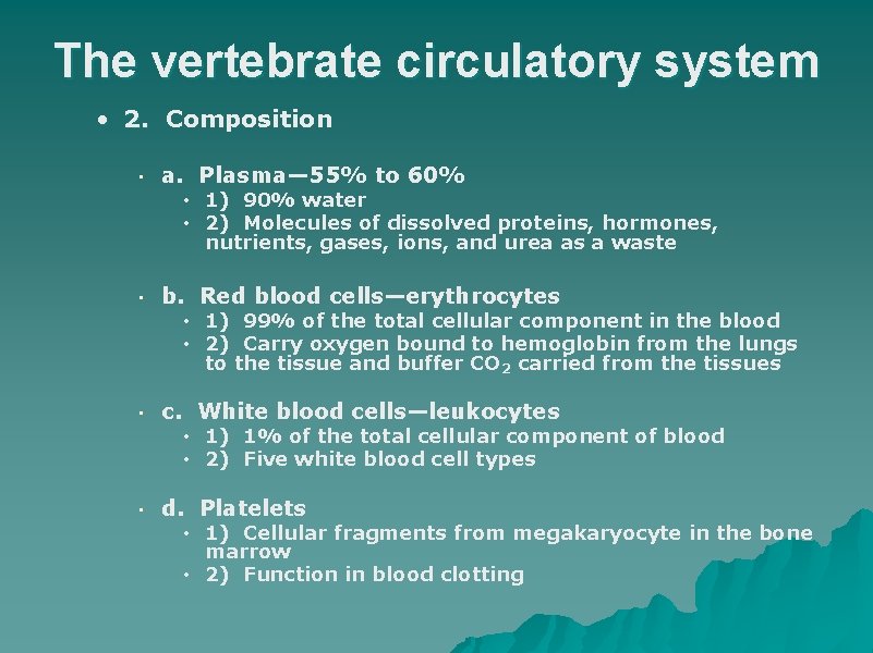 The vertebrate circulatory system • 2. Composition • a. Plasma— 55% to 60% •