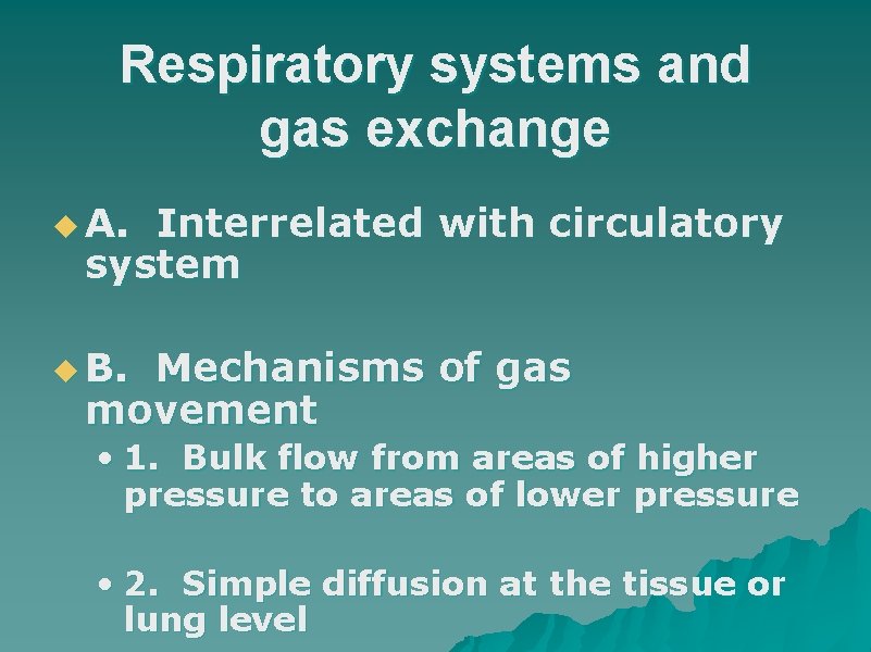 Respiratory systems and gas exchange u A. Interrelated with circulatory system u B. Mechanisms
