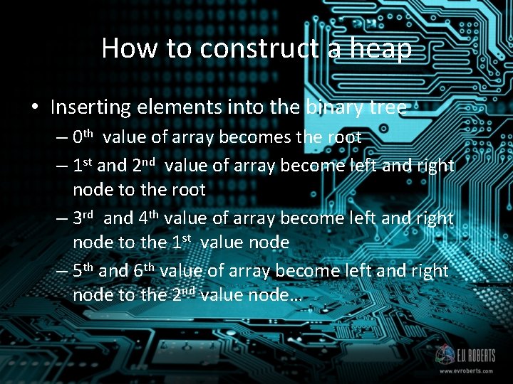 How to construct a heap • Inserting elements into the binary tree – 0