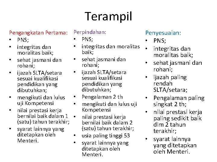 Terampil Pengangkatan Pertama: • PNS; • integritas dan moralitas baik; • sehat jasmani dan