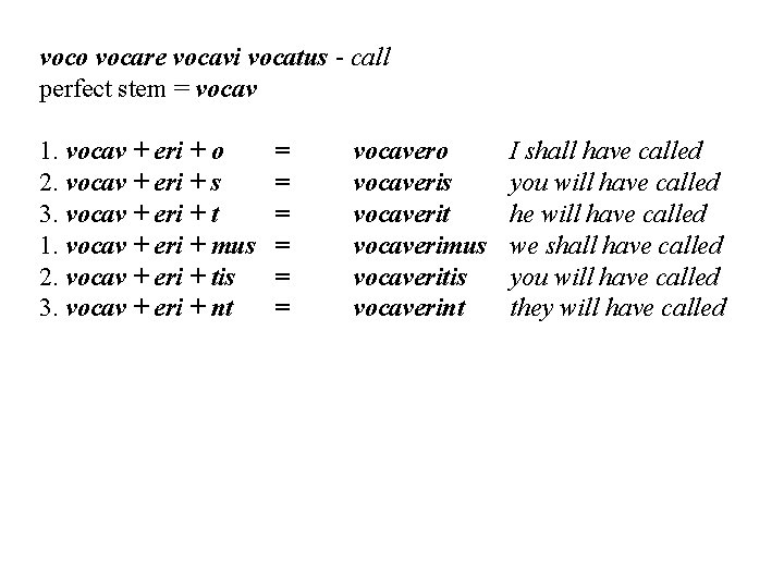 voco vocare vocavi vocatus - call perfect stem = vocav 1. vocav + eri