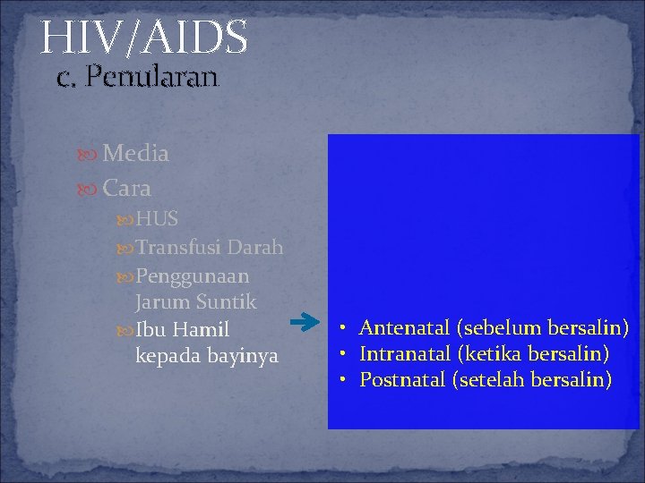 HIV/AIDS c. Penularan Media Cara HUS Transfusi Darah Penggunaan Jarum Suntik Ibu Hamil kepada