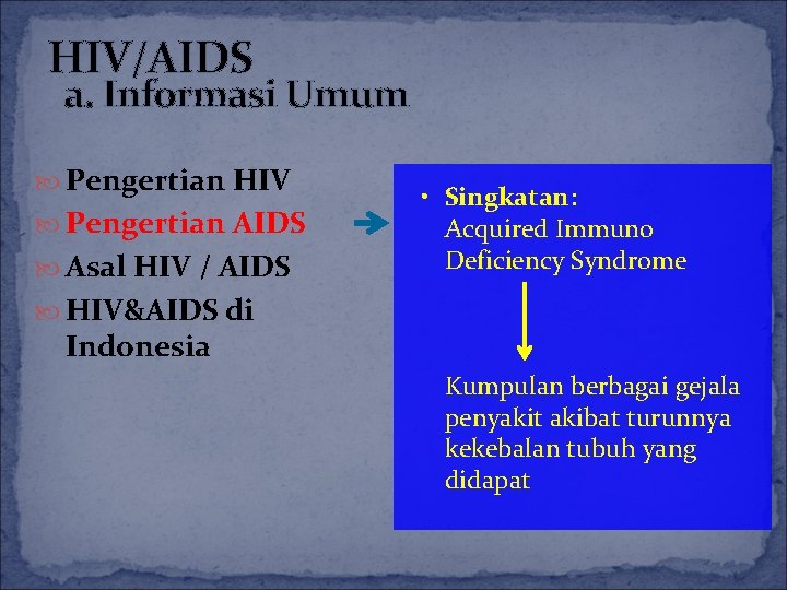 HIV/AIDS a. Informasi Umum Pengertian HIV Pengertian AIDS Asal HIV / AIDS • Singkatan: