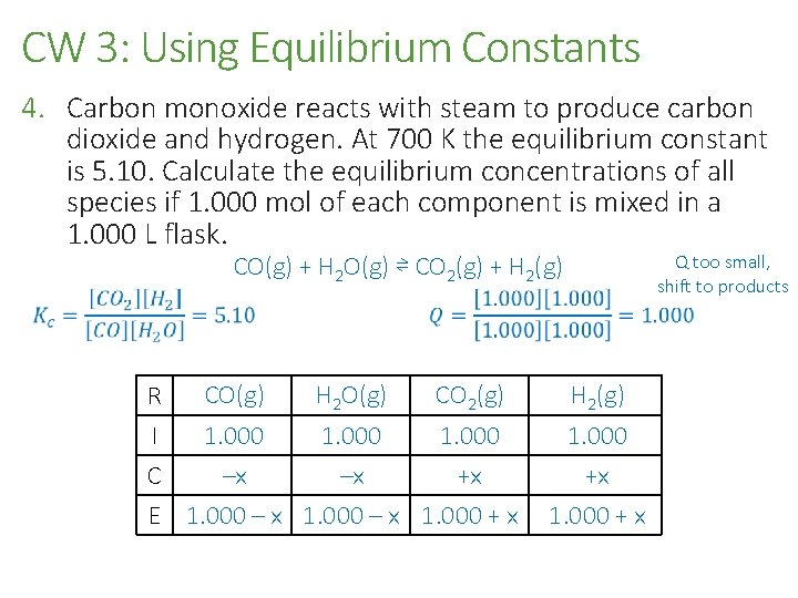 CW 3: Using Equilibrium Constants 4. Carbon monoxide reacts with steam to produce carbon