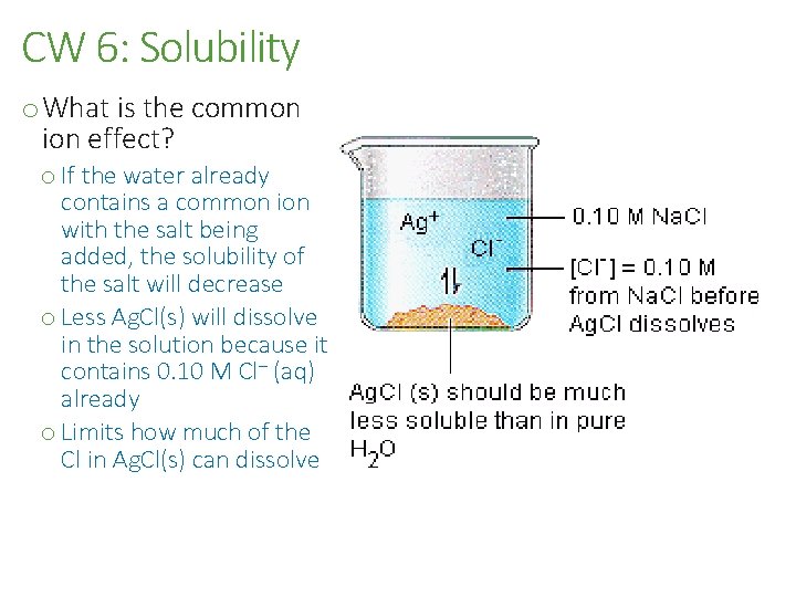 CW 6: Solubility o What is the common ion effect? o If the water