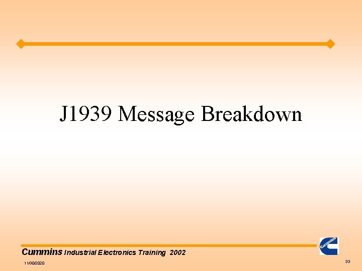 J 1939 Message Breakdown Cummins Industrial Electronics Training 11/30/2020 2002 33 