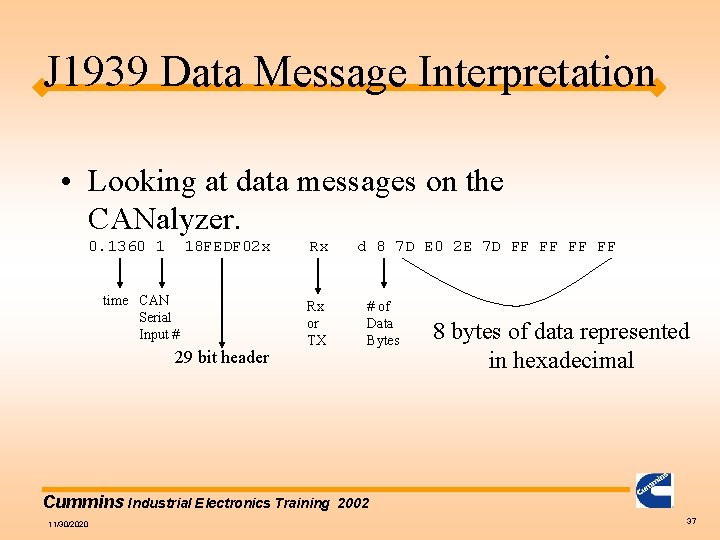 J 1939 Data Message Interpretation • Looking at data messages on the CANalyzer. 0.