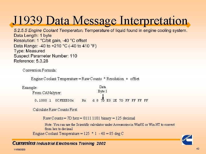 J 1939 Data Message Interpretation Conversion Formula: Engine Coolant Temperature = Raw Counts *