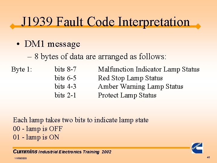 J 1939 Fault Code Interpretation • DM 1 message – 8 bytes of data