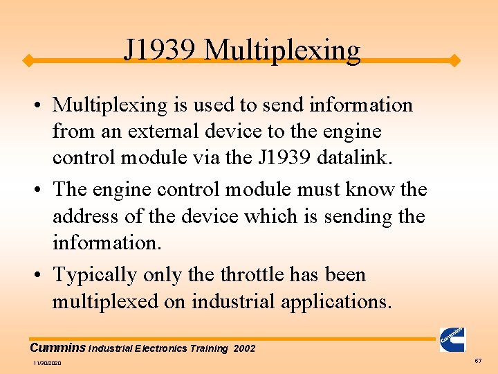 J 1939 Multiplexing • Multiplexing is used to send information from an external device