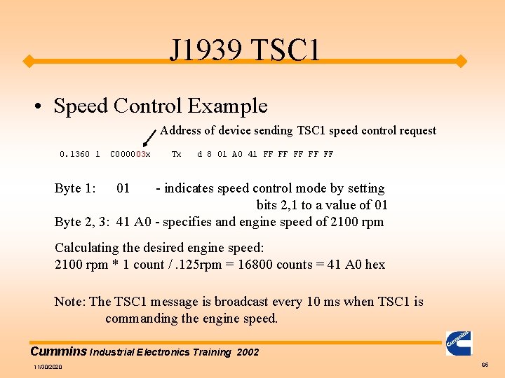 J 1939 TSC 1 • Speed Control Example Address of device sending TSC 1