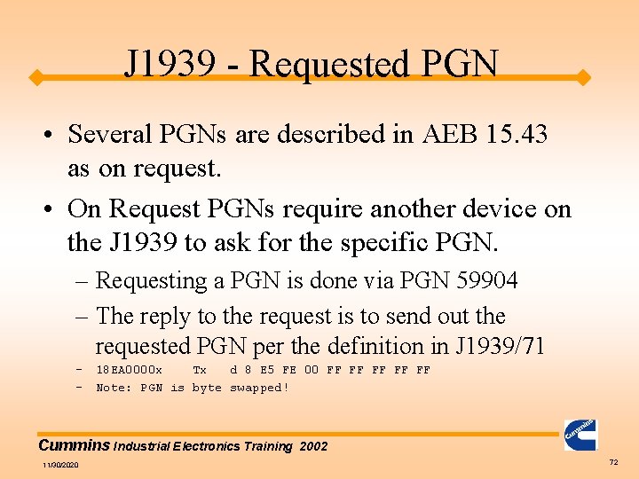 J 1939 - Requested PGN • Several PGNs are described in AEB 15. 43