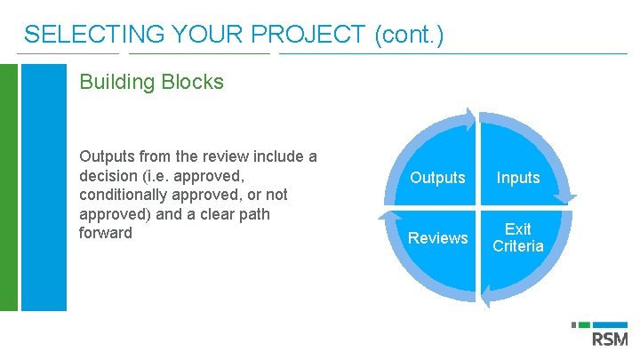 SELECTING YOUR PROJECT (cont. ) Building Blocks Outputs from the review include a decision