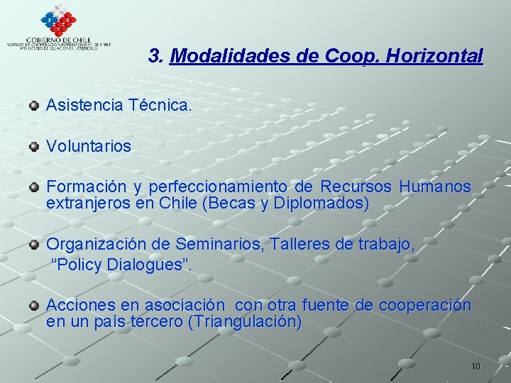 3. Modalidades de Coop. Horizontal Asistencia Técnica. Voluntarios Formación y perfeccionamiento de Recursos Humanos