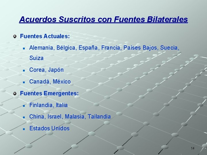 Acuerdos Suscritos con Fuentes Bilaterales Fuentes Actuales: n Alemania, Bélgica, España, Francia, Países Bajos,