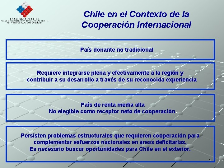 Chile en el Contexto de la Cooperación Internacional País donante no tradicional Requiere integrarse