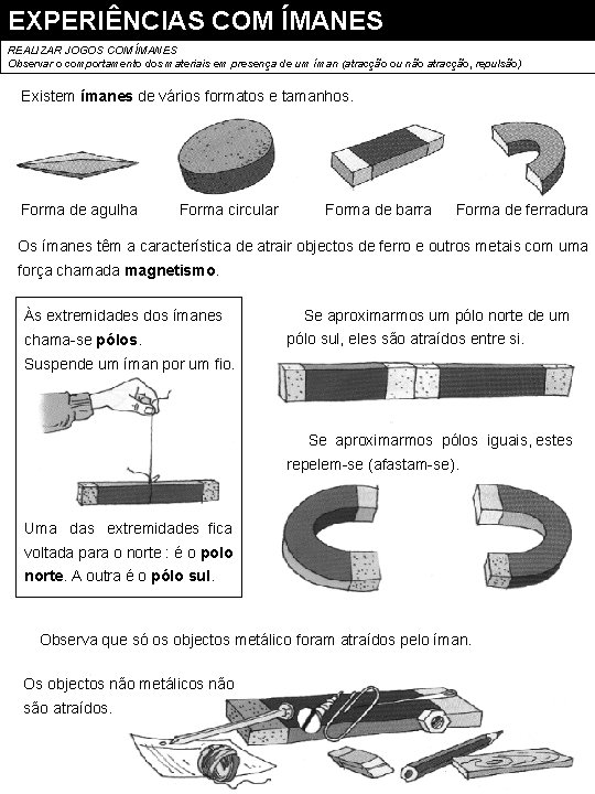 EXPERIÊNCIAS COM ÍMANES REALIZAR JOGOS COM ÍMANES Observar o comportamento dos materiais em presença EXPERIÊNCIAS COM ÍMANES REALIZAR JOGOS COM ÍMANES Observar o comportamento dos materiais em presença