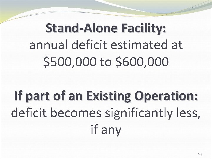Stand-Alone Facility: annual deficit estimated at $500, 000 to $600, 000 If part of