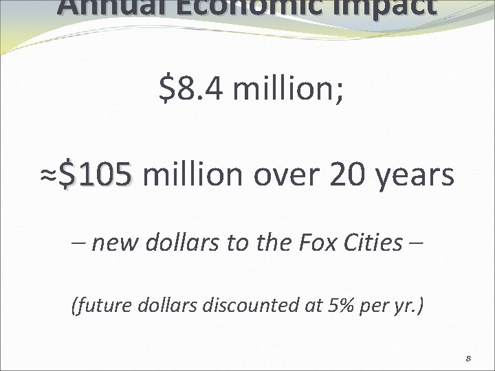 Annual Economic Impact $8. 4 million; ≈$105 million over 20 years – new dollars