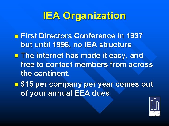 IEA Organization First Directors Conference in 1937 but until 1996, no IEA structure n