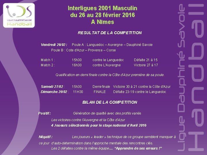 Interligues 2001 Masculin du 26 au 28 février 2016 A Nîmes RESULTAT DE LA