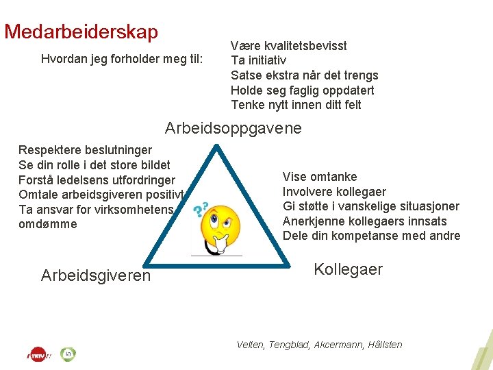 Medarbeiderskap Hvordan jeg forholder meg til: Være kvalitetsbevisst Ta initiativ Satse ekstra når det