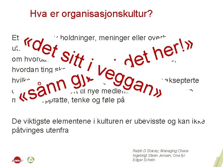 Hva er organisasjonskultur? «de » ! r he å s « » Et mønster