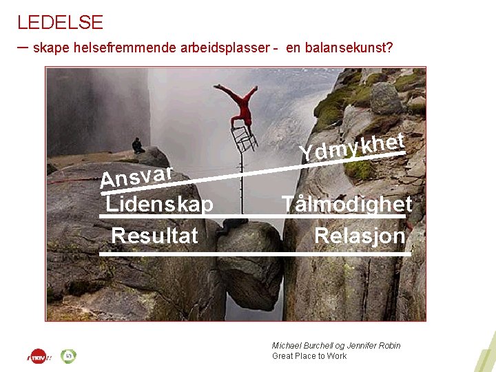 LEDELSE – skape helsefremmende arbeidsplasser - Ansvar Lidenskap Resultat en balansekunst? t e h