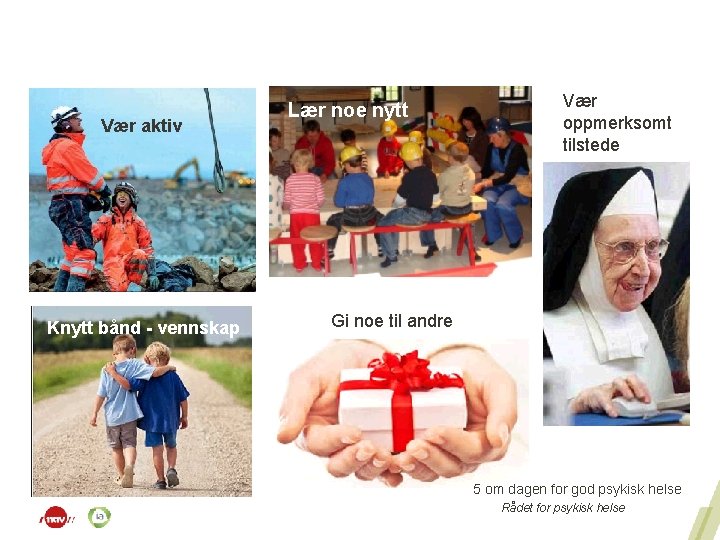 Vær aktiv Knytt bånd - vennskap Lær noe nytt Vær oppmerksomt tilstede Gi noe