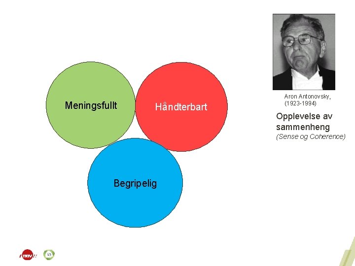 Meningsfullt Håndterbart Aron Antonovsky, (1923 -1994) Opplevelse av sammenheng (Sense og Coherence) Begripelig 