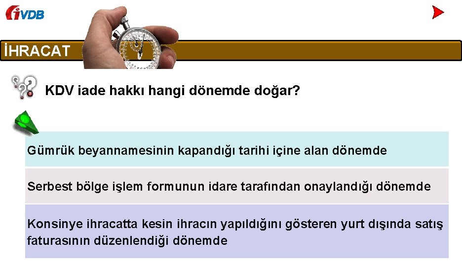 VDB İHRACAT KDV iade hakkı hangi dönemde doğar? Gümrük beyannamesinin kapandığı tarihi içine alan