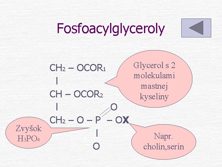 Fosfoacylglyceroly Glycerol s 2 CH 2 – OCOR 1 molekulami l mastnej CH –