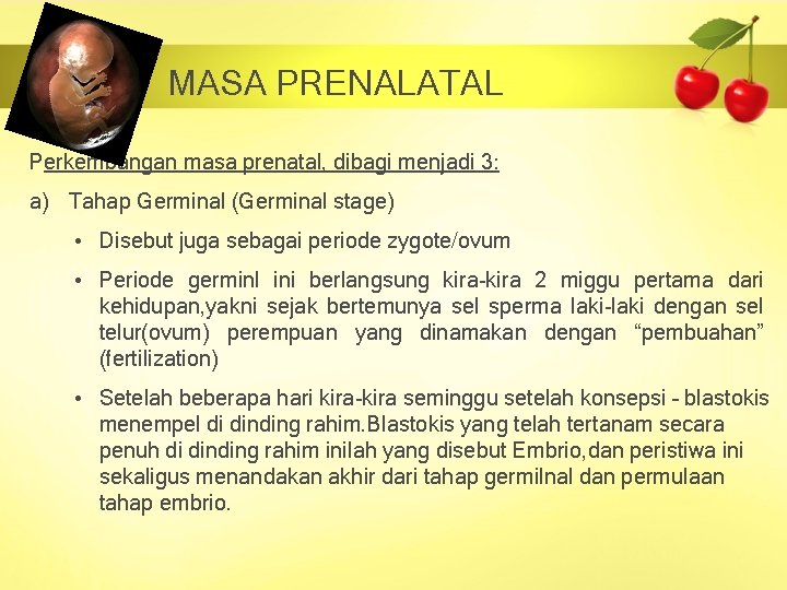 MASA PRENALATAL Perkembangan masa prenatal, dibagi menjadi 3: a) Tahap Germinal (Germinal stage) •