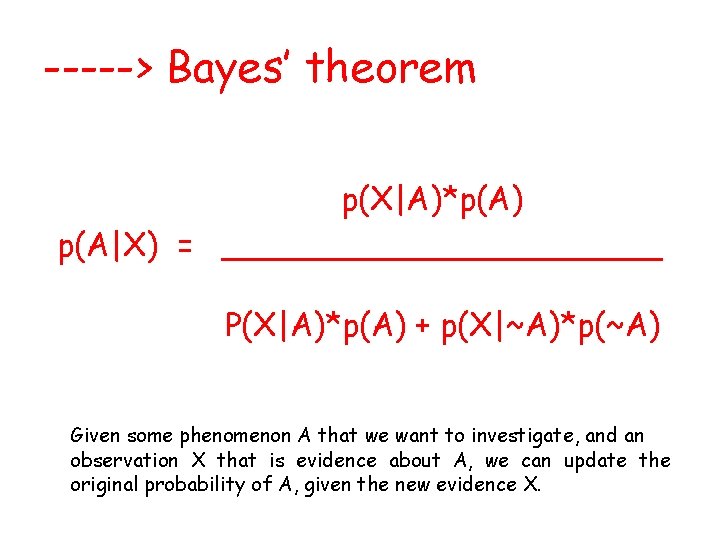 -----> Bayes’ theorem p(X|A)*p(A) p(A|X) = ___________ P(X|A)*p(A) + p(X|~A)*p(~A) Given some phenomenon A