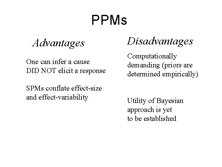 PPMs Advantages One can infer a cause DID NOT elicit a response SPMs conflate