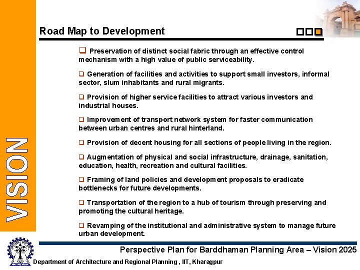 Road Map to Development q Preservation of distinct social fabric through an effective control