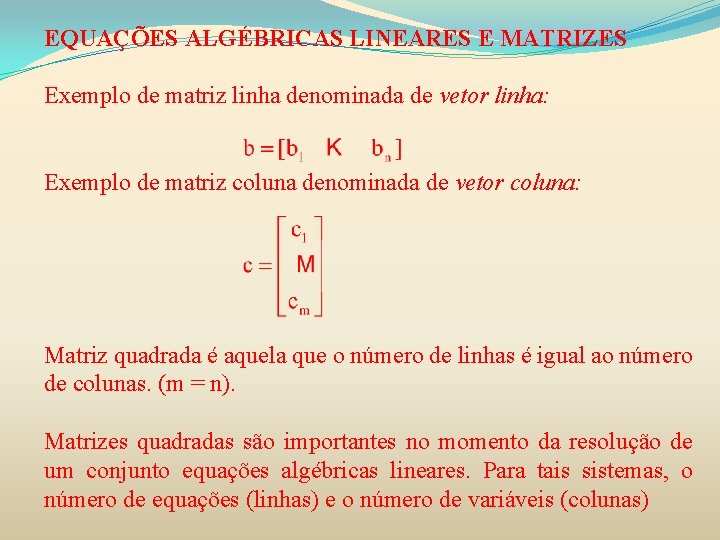 EQUAÇÕES ALGÉBRICAS LINEARES E MATRIZES Exemplo de matriz linha denominada de vetor linha: Exemplo