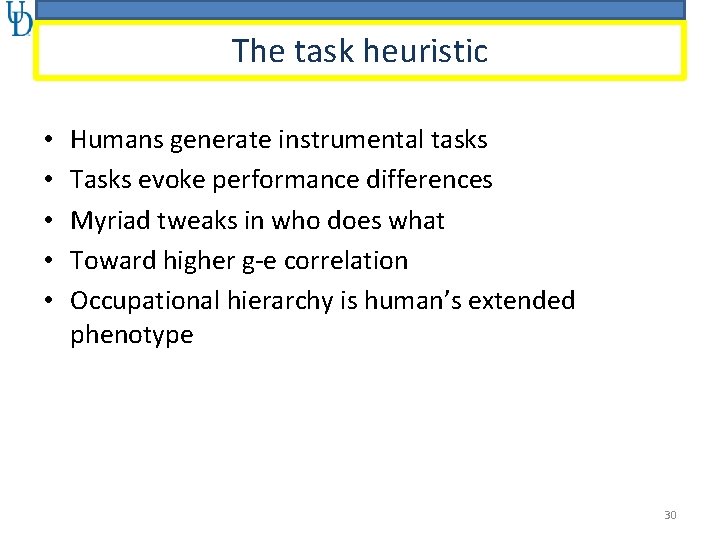 The task heuristic • • • Humans generate instrumental tasks Tasks evoke performance differences