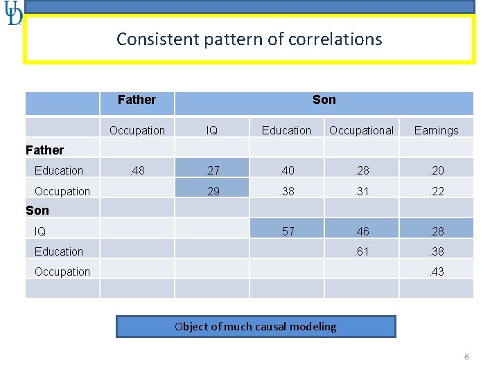Consistent pattern of correlations Father Son Occupation IQ Education Occupational Earnings . 48 .