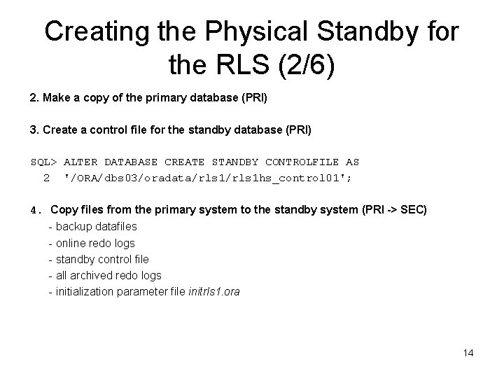 Creating the Physical Standby for the RLS (2/6) 2. Make a copy of the