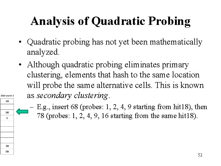 Analysis of Quadratic Probing • Quadratic probing has not yet been mathematically analyzed. •
