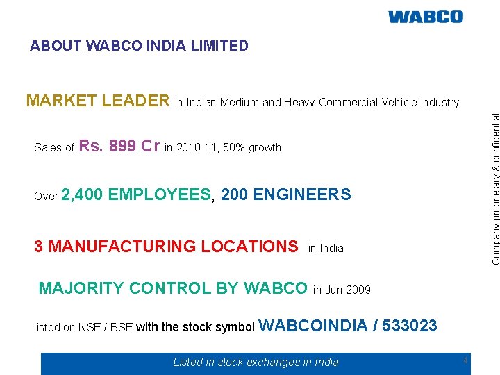 ABOUT WABCO INDIA LIMITED Sales of Company proprietary & confidential MARKET LEADER in Indian