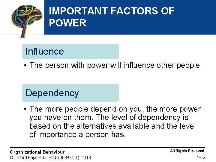 IMPORTANT FACTORS OF POWER Influence • The person with power will influence other people.