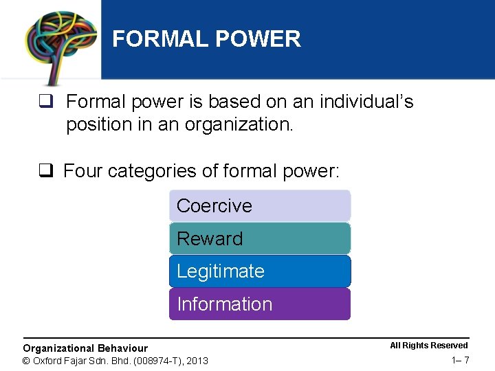 FORMAL POWER q Formal power is based on an individual’s position in an organization.